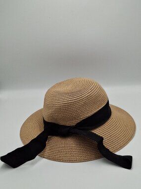 Furtalk Wide-Brim Straw Sun Hat With Black Ribbon Bow Summer Beach Hat